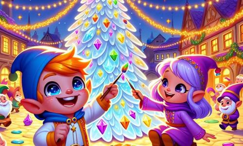 Pim, um pequeno duende com orelhas pontudas e um sorriso radiante, está pintando uma grande árvore de cristal com cores vivas, seu rosto irradiando alegria e excitação. Ao seu lado, Lila, uma duendezinha com cabelos lavanda e olhos brilhantes, pendura estrelas douradas nos galhos, sua expressão cheia de entusiasmo e cumplicidade. A cena acontece em uma linda praça da vila de Arco-Íris, onde o chão brilha com pequenas pedras coloridas e guirlandas luminosas flutuam no ar, criando uma atmosfera festiva. No centro, a grande árvore de cristal brilha sob o sol, cercada por duendes que riem e dançam, preparando a festa de Ano Novo. Pim e Lila, imersos em sua tarefa alegre, decoram a árvore sonhando com a aventura mágica que os aguarda, cheios de esperança e felicidade para essa celebração especial.