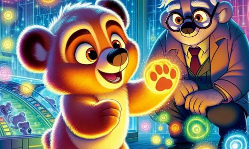 Balto, ein junger, weicher und glänzender Teddybär mit großen, neugierigen Augen und einem begeisterten Lächeln, steht vor einer futuristischen, pulsierenden Maschine. Neben ihm steht sein Vater, Professor Urso, ein älterer Bär mit runden Brillen und grauem Fell, der seinen Sohn stolz und mit einem leichten Lächeln ansieht, während er ein Forschungswerkzeug in seiner Pfote hält. Der Ort ist ein futuristisches Labor, gefüllt mit schwebenden, bunten Hologrammen, transparenten Glaswänden und funkelnden Maschinen, die sanft summen und eine magische, dynamische Atmosphäre schaffen. Die Hauptsituation zeigt Balto, der die innovative Maschine seines Vaters entdeckt, mit leuchtenden Augen vor Aufregung, während sie zusammen daran arbeiten, eine saubere Energiequelle für ihre Stadt zu schaffen.
