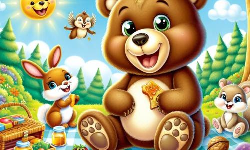 An illustration depicts a large teddy bear with a wide smile and sparkling eyes, sitting on a colorful picnic blanket. It holds a honey sandwich in its paws, looking delighted and a bit surprised. Next to it, a small bunny with big ears and soft fur, sporting a joyful face and bright eyes, holds a carrot, ready to share. A playful squirrel with light brown fur and a bushy tail laughs while holding a handful of hazelnuts, slightly stepping back but approaching eagerly. The main setting is a sunny clearing in a lush forest, surrounded by majestic trees with shiny leaves and colorful flowers swaying in the breeze. The scene shows the three friends joyfully picnicking, sharing their food and laughing together, while a mischievous little bird flies away with a honey sandwich in its beak. Additional elements include a large blue sky dotted with fluffy white clouds, sun rays illuminating the scene, and a picnic basket filled with colorful treats, adding a touch of magic to their day of friendship.