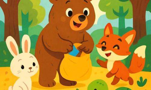 Un grande orso bruno, con un pelo morbido e setoso, si trova al centro della scena, mostrando un ampio sorriso gioioso. I suoi occhi brillano di curiosità mentre raccoglie rifiuti colorati nella foresta. Accanto a lui, una piccola volpe rossa, con una coda folta e occhi maliziosi, lo incoraggia saltellando, piena di entusiasmo. Un coniglio bianco dalle grandi orecchie, un po' timido ma determinato, osserva con ammirazione, mentre una tartaruga verde, con un guscio lucido, scava il terreno per piantare nuovi alberi. La foresta è lussureggiante, piena di alberi maestosi dalle foglie verdi brillanti, punteggiata di fiori colorati che aggiungono tocchi di rosso, giallo e viola. Il suolo è coperto di foglie dorate e piccoli ciottoli, e un dolce raggio di sole filtra tra i rami, creando un'atmosfera calda e accogliente. In questa scena, l'orso e i suoi amici lavorano insieme per pulire la foresta, mostrando l'importanza di proteggere il loro ambiente mentre si divertono.