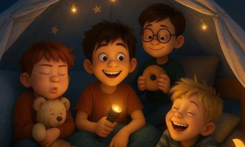 Vier Jungen: Max (9) mit zerzausten braunen Haaren und großem Lächeln sitzt mittig im Bett unter dem Tipi, hält eine kleine Taschenlampe wie einen Zauberstab; Paul (8) rothaarig mit Sommersprossen links von Max, zusammengerollt an einem flauschigen Kissen und drückt einen Schnuffel; Felix (8) blonder, zerzauster Bub rechts von Max, auf dem Bauch liegend und lauthals lachend, winkt mit einem kleinen Plümaulwurm; Jonas (9) mit glatten braunen Haaren und runden Brillen lehnt hinten am Bettkopf, hält einen kleinen Plüdonut und lächelt ruhig. Ort: Schlafzimmer als improvisiertes Tipi mit weißem Tuchdach, leuchtenden Sternen, warmen Lichterketten, dunkelblauen Wänden, gestrickten Decken, weichen Kissen, Mondlampe auf dem Nachttisch und verstreutem Spielzeug. Szene: Die vier bilden ein komisches „Schnarchorchester“ im Tipi mit übertriebenen Gesichtsausdrücken (runde Münder, aufgeblasene Wangen, teils halbgeschlossene Augen), ein Kissen schmiegt sich zärtlich um Max; stimmungsvolle Mischung aus tiefblauem Nachtlicht und warmen Gelbtönen, glattes, rundes 3D-Rendering, gesättigte Farben und fühlbare Texturen (Wolle, Plüsch, Baumwolle).