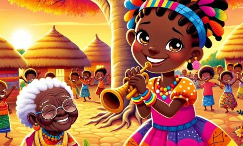 Amina, ein achtjähriges Mädchen, steht fröhlich unter einem großen Baobab, ihre Augen leuchten wie Sterne und ein breites Lächeln erhellt ihr Gesicht. Sie trägt ein buntes Kleid mit afrikanischen Mustern und spielt auf ihrer kleinen Holztrompete, während ihre geflochtenen Haare im Rhythmus der Musik tanzen. Neben ihr sitzt die alte Frau, Großmutter Yaye, etwa siebzig Jahre alt, auf einem Stein, umgeben von bunten Stoffen. Ihr Gesicht ist von Falten geprägt, strahlt aber Weisheit aus, und sie lächelt, während sie Amina zuhört, die Hände auf den Knien. Der Ort ist ein afrikanisches Dorf, das von Farben lebt, mit lehmfarbenen Häusern mit Strohdächern, leuchtenden Blumen und tanzenden Kindern, während die untergehende Sonne die Szene in goldenes Licht taucht. Die Hauptszene zeigt Amina, die auf der Trompete spielt, umgeben von Lachen und Gesang, während die Dorfbewohner sich versammeln, um die wiedergefundene Harmonie zu feiern und eine fröhliche, festliche Atmosphäre zu schaffen.