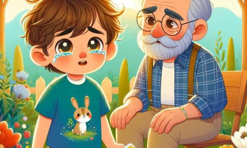 Un niño de 6 años, Lucas, con cabello castaño desordenado y ojos brillantes de curiosidad, está en un jardín colorido, con lágrimas en los ojos. Lleva una camiseta azul con un pequeño dibujo de un conejo y un pantalón corto beige. Mira una pequeña flor blanca que acaba de plantar, con una expresión de melancolía mezclada con una ligera sonrisa en su rostro. A su lado, su abuelo, un hombre mayor con cabello gris y barba bien cuidada, está sentado en una silla de madera. Lleva una camisa a cuadros y pantalones beige, y sonríe suavemente a Lucas, sosteniéndole la mano para reconfortarlo. El jardín está lleno de flores brillantes, grandes árboles verdes y una luz dorada que filtra a través de las hojas, creando una atmósfera pacífica y cálida. Al fondo, se ve una pequeña cerca de madera y un cielo azul salpicado de nubes blancas. La escena representa a Lucas y su abuelo recordando a Copito, el conejo blanco, mientras plantan una flor en su memoria, simbolizando el amor y el recuerdo que perduran a pesar de la pérdida.