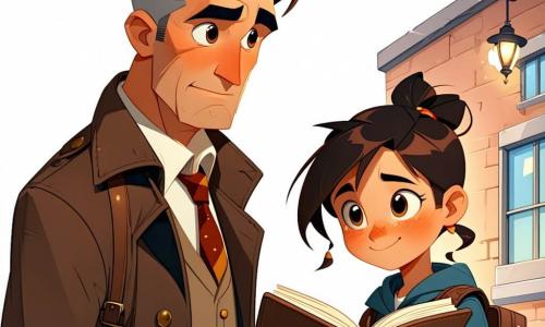 Un hombre llamado Bruno, detective de unos 40 años, rostro cuadrado y abrigo marrón gastado, sostiene con cuidado un cuaderno antiguo con bordes húmedos; a su lado Ada, niña de 11 años, trenzas y expresión orgullosa y emocionada, toca la cubierta con delicadeza; a la izquierda Nico, niño de 12 años, cabello despeinado y sonrisa entusiasta, salta ligeramente mirando el cuaderno; a la derecha Tomás, de 11 años y gafas redondas, serio y reflexivo, examina una página con una lupa; Marisa, bibliotecaria de unos 50 años, cabello canoso recogido y gesto aliviado, está junto al mostrador. La escena ocurre en una biblioteca cálida con estanterías de madera, luz gris de lluvia desde una gran ventana izquierda, un tablón de anuncios con un rincón despegado y un póster municipal, y en el suelo un protector de goma de trípode; momento central: el descubrimiento triunfal del "Cuaderno de Faros" oculto detrás del tablón, mezcla de alivio y tensión, plano medio, colores cálidos, líneas suaves y texturas de papel visibles con expresiones nítidas.