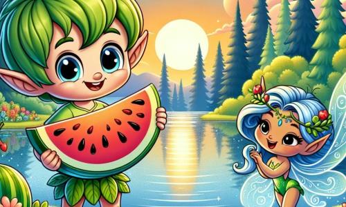 Ein kleiner Elf namens Finn, mit einem strahlenden Lächeln und funkelnden Augen, steht am Ufer eines wunderschönen silbernen Sees, seine spitzen Ohren ragen aus seinem leuchtend grünen Haar. Er trägt eine schimmernde grüne Bluse und eine Shorts aus Blättern, während er ein großes Stück saftige Wassermelone hält, das er gerade geschnitten hat. Neben ihm schwebt Glimmer, der schüchterne Wassergeist, eine zarte Kreatur mit blauen Haaren und leuchtenden Augen, fröhlich über dem Wasser, seine Arme bewegen sich, als würde er tanzen. Im Hintergrund funkelt der See im Sonnenuntergang, umgeben von bunten Blumen und großen Bäumen mit goldenen Blättern, während Wolken fröhlich am Himmel tanzen. Die Szene zeigt Finn und Glimmer, die die Rückkehr der Wassermelone feiern, mit Wasserspritzern und Lachen, was eine Atmosphäre von Freude und Freundschaft schafft.
