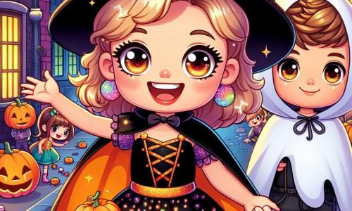 Een 8-jarig meisje, Floortje, staat vrolijk midden op een straat versierd voor Halloween. Ze draagt een zwarte jurk met glitters en een grote oranje cape, met een glinsterende heksenhoed. Haar gezicht straalt van een brede glimlach, haar ogen glinsteren van opwinding en nieuwsgierigheid, terwijl ze een grote mand vol kleurrijke snoepjes vasthoudt. Naast haar staat een 9-jarig jongetje, Jip, gekleed in een spookkostuum met een wit laken en zwart getekende ogen. Hij kijkt Floortje bewonderend aan, met een verlegen glimlach op zijn gezicht. De scène speelt zich af in een levendige straat, omringd door huizen versierd met lichtgevende pompoenen en spinnenwebben. Kinderen in verschillende kostuums, zoals vampiers en monsters, rennen om hen heen, terwijl lantaarns in de donkere nacht fonkelen. Floortje, vol energie, klopt op de deur van een versierd huis, klaar om enthousiast 