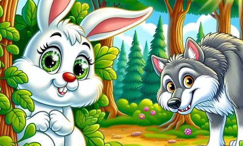 In einer sonnigen Lichtung des tiefen Zauberwaldes versteckt sich ein kleiner weißer Hase namens Hoppel mit großen Ohren und leuchtend ängstlichen Augen hinter einem grünen Busch. Sein Fell ist weich wie Baumwolle und er zittert leicht, während er den großen bösen Wolf beobachtet. Der Wolf, mit seinem grauen Fell und durchdringenden Augen, steht ganz nah und zeigt ein listiges Lächeln, seine weißen Zähne blitzen in der Sonne. Am Himmel fliegt ein kleiner bunter Vogel mit lebhaften Federn über die Szene, besorgt und mit schnell schlagenden Flügeln. Die Lichtung ist von majestätischen Bäumen mit dicken Stämmen und leuchtend grünen Blättern umgeben, und bunte Blumen sprenkeln den Boden. Hoppel, verängstigt, fragt sich, wie er dem langsam näherkommenden Wolf entkommen kann, der bereit ist zu springen.