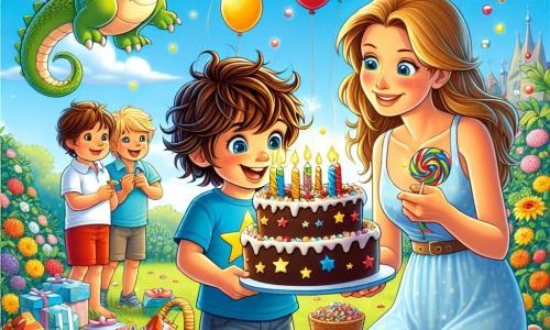 Un bambino di 4 anni, Luca, con i capelli castani e gli occhi brillanti, è al centro dell'immagine, sorridente mentre tiene una grande torta al cioccolato decorata con candele colorate. Indossa una maglietta blu con stelle e pantaloni rossi, sembrando affascinato dalla magia del suo compleanno. Accanto a lui, sua madre, una donna di circa trent'anni con capelli lunghi e biondi, sorride teneramente tenendo un vassoio di caramelle colorate. Un piccolo drago verde, Dragoletto, vola gioiosamente sopra Luca, aggiungendo un tocco di magia alla scena. Il luogo è un giardino soleggiato, pieno di fiori colorati, palloncini e un grande tavolo decorato con festoni. Luca è circondato dai suoi amici, pronto a soffiare le candeline della sua torta, mentre Dragoletto vola sopra di loro.