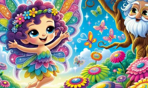 Al centro dell'immagine, una piccola fata di nome Lila, con ali scintillanti dai colori dell'arcobaleno, danza gioiosamente sopra un giardino di fiori multicolori. Il suo viso irradia curiosità e felicità, i suoi capelli ricci sono di un viola brillante e indossa un vestito fatto di petali di fiori. Alla sua destra, un vecchio albero saggio, simile a un gufo, con un volto rugoso e occhi brillanti di malizia, osserva Lila con benevolenza, circondato da fiori danzanti che sembrano applaudire. Sullo sfondo, il Giardino delle Illusioni si estende, pieno di fiori giganti dai colori vivaci, farfalle scintillanti e un cielo blu punteggiato di nuvole soffici. La scena principale mostra Lila intenta a risolvere l'enigma proposto dall'albero, immersa in un'atmosfera magica, dove i fiori e le creature del giardino sembrano partecipare all'avventura, creando un momento di gioia e meraviglia.