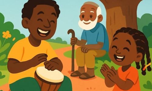 A smiling man, Kofi, with dark skin and curly hair, wears leather sandals and light pants. He joyfully plays his small drum, his eyes shining with happiness. Next to him, a little girl, about 6 years old, with braids adorned with colorful beads, claps her hands while laughing, her face radiant with joy. An elderly man with a gray beard and a walking stick listens attentively, sitting under a large baobab tree. The scene takes place on a warm red road, bordered by lush greenery and bright flowers, with a clear blue sky above. The main situation shows Kofi sharing a joyful melody with the little girl, while the elderly man watches them with a kind smile, creating an atmosphere of happiness and community.