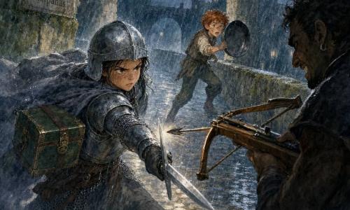 Una caballera con rostro determinado y empapado por la lluvia, cejas fruncidas y casco oscuro sin penacho, capa gris mojada y armadura mate, sujeta un pequeño cofre verde de cuero en la espalda mientras blande una espada corta; Ivo, un chico pelirrojo de unos 12 años, delgado y cubierto de barro con pecas, se mantiene atrás en el puente sujetando una gran sartén de hierro como escudo improvisado, mezcla de miedo y coraje; un asaltante de unos 30 años, vestido de oscuro y con expresión burlona, apunta desde la sombra del puente con una ballesta ligera lista para disparar a pocos pasos; escenario: noche lluviosa en el estrecho puente de piedra llamado 