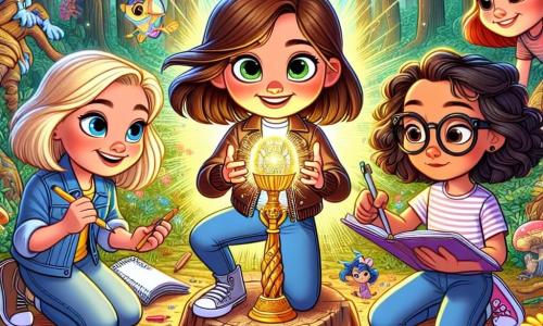 En el centro de la imagen, Valeria, una niña de doce años con largos cabellos castaños y ojos brillantes, sostiene un objeto metálico brillante en sus manos, con el rostro iluminado por la curiosidad. A su derecha, Ana, una niña valiente con cabello corto y rubio, cruza los brazos con una sonrisa traviesa, lista para explorar. A la izquierda, Sofía, una niña con cabello castaño y gafas, toma notas en su pequeño cuaderno, con aire concentrado. Finalmente, Clara, una niña con cabello rizado y colorido, está dibujando el paisaje con un lápiz, sentada sobre una raíz de árbol. El escenario es un viejo bosque encantado, con árboles majestuosos de troncos gruesos y hojas de un verde brillante, mientras que los rayos de sol atraviesan el follaje, creando patrones de luz en el suelo. Flores coloridas y criaturas fantásticas se esconden en los arbustos, añadiendo un toque de magia al entorno. La situación principal muestra a las cuatro amigas descubriendo un misterioso artefacto extraterrestre que emite un resplandor fascinante, rodeado de raíces y follaje, simbolizando el comienzo de su increíble aventura intergaláctica.
