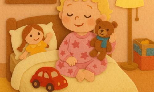 Een 2-jarig meisje, slaperig glimlachend met korte blonde krulletjes, zit op een bed met een crème wollen deken in een roze pyjama met sterren en houdt zacht een klein bruin teddybeer met een blauw sjaaltje dat bij haar hoofd ligt; een glanzend rood metalen autootje met velcrotrekjes staat op de deken voor haar, links op het kussen ligt een stoffen pop met gevlochten haar en een gele jurk en een opgeheven hand, onderaan het bed rolt een kleine meerkleurige stippenbal, de kamer is warm met perzikkleurige muren, een zacht geel staande lampje, een houten plank met kleurrijke boeken en een open speelgoeddoos — een rustig, zacht bedtijdmoment waarin de speeltjes net tot leven lijken te komen, met zichtbare wollen, vilt- en stoftexturen en warme, zachte contrasten geschikt voor peuters.