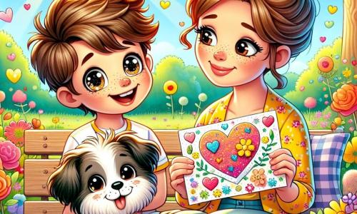 An 8-year-old boy, Milo, with messy brown hair and sparkling joyful eyes, sits on a bench in a sunny park. He has a wide smile and holds a colorful cardboard decorated with a big heart and a paper flower. Next to him is his mom, a woman in her thirties with her brown hair in a bun, wearing a yellow floral scarf, looking at her son with tenderness and shining eyes. Patch, a small speckled dog, sits at their feet with his tongue out, adding joy to the scene. The park is filled with colorful flowers, lush trees, and rays of sunlight filtering through the leaves, creating a warm and festive atmosphere. Milo proudly presents his gift to his mom, celebrating Mother's Day in a moment of shared happiness.