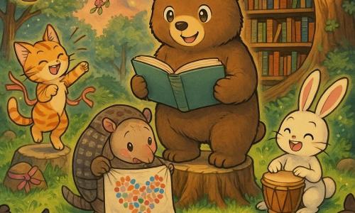 Beto, um grande urso‑pardo de pelagem macia e olhos brilhantes, sorri confiante segurando um livro aberto nas patas sobre um tronco convertido em estrado; Tomás, um tatu redondo de carapaça cinza‑marrom, agacha‑se tímido porém orgulhoso estendendo um estandarte feito à mão com pontos coloridos formando um coração; Lila, uma gatinha listrada laranja, prende fitas nas pedras e dança à esquerda, cabelos e fitas ao vento; Rúbio, um coelho branco de orelhas longas, sentado perto do tronco, bate suavemente um tambor de madeira olhando a plateia; Pio, um pardal azul, voa por cima com uma guirlanda de flores no bico; a clareira é iluminada por lanternas penduradas, com grama verde, pedras como assentos decorados e um tronco oco cheio de livros ao fundo que serve de biblioteca; cena central: os amigos revelam o estandarte na feira da clareira, os animais aplaudem em círculo, atmosfera calorosa e festiva, cores vivas, luz suave de fim de tarde e expressões exageradas no estilo mangá.
