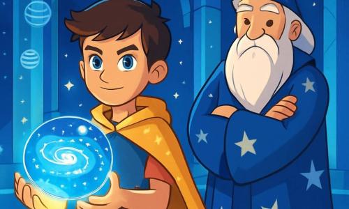 Um jovem chamado Orion, com cerca de 12 anos, está no centro do palco, vestido com uma capa dourada cintilante que flutua levemente ao seu redor. Seu rosto é determinado, com olhos brilhantes de um azul profundo, refletindo curiosidade e bravura. Ele segura um holograma luminoso que representa um mapa das galáxias, com as mãos envoltas em um brilho mágico. Ao seu lado, o sábio mestre Eldrin, um homem de cerca de 70 anos, com uma longa barba prateada e vestes estreladas, observa Orion com um olhar benevolente, os braços cruzados, como se estivesse transmitindo sua sabedoria. A cena ocorre na sala central da Torre dos Ecos, um espaço majestoso com paredes de cristal azul, iluminado por estrelas cintilantes e hologramas flutuantes. Raios de luz emanam do chão, criando uma atmosfera mística. Orion, diante do Conselho dos Astros, se prepara para aceitar sua missão de restaurar o equilíbrio entre magia e tecnologia, enquanto uma sombra ameaçadora se perfila no horizonte, pronta para mergulhar as galáxias nas trevas.