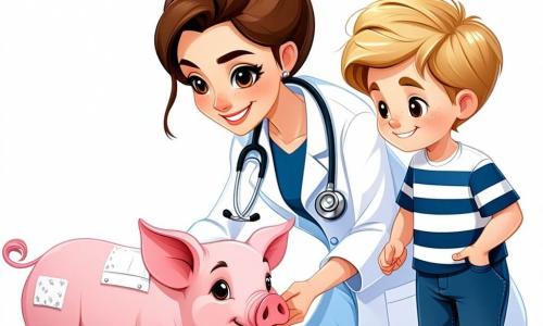 Eine lächelnde Tierärztin, Dr. Lena, ist eine Frau in ihren Dreißigern mit braunen, zu einem Dutt gebundenen Haaren und einem weißen Kittel. Sie beugt sich sanft zu einem kleinen rosa Schweinchen und legt ihm einen Verband an, während sie konzentriert und einfühlsam aussieht. Neben ihr beobachtet Paul, ein 8-jähriger Junge mit zerzausten blonden Haaren und einem gestreiften T-Shirt, aufmerksam mit glänzenden Augen der Bewunderung. Er hält ein Plastikstethoskop und ahmt Dr. Lenas Bewegung nach, während er auf einer kleinen Holzbank steht, um besser sehen zu können. Die Szene spielt auf einem charmanten kleinen Bauernhof, umgeben von Grün, mit weidenden Kühen in der Ferne und bunten Blumen am Wegesrand. Der Himmel ist blau und sonnig, was eine fröhliche und einladende Atmosphäre schafft. In dieser Hauptsituation behandelt Dr. Lena das verletzte Schweinchen, während Paul begeistert lernt, ein zukünftiger Tierarzt zu werden, und einen Moment des Zusammenseins und Lernens mit den Tieren des Bauern teilt.
