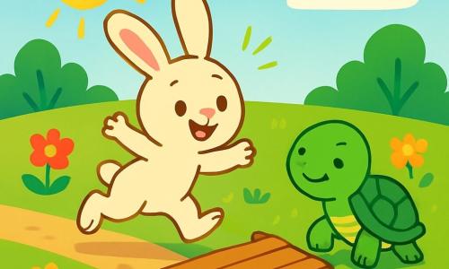 A small rabbit with big ears, Pip, with soft, silky cream-colored fur, joyfully hops along a sunny path, his face radiating curiosity and excitement. Next to him, a friendly turtle, Timo, with a shiny green shell, moves slowly, displaying a calm and determined smile. They are in a green field dotted with colorful flowers and gentle rays of sunlight dancing on the grass. The scene shows Pip and Timo building a wooden bridge over a sparkling stream, surrounded by leaves and twigs, symbolizing their friendship and adventurous spirit.