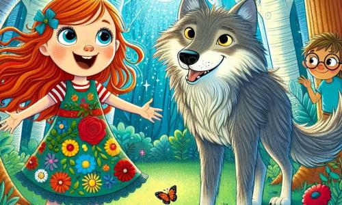 Two main characters are present: Lily, a seven-year-old girl with long red hair blowing in the wind, wearing a colorful flower-adorned dress and smiling enthusiastically. She stands on the left, arms open, full of joy. Max, a seven-year-old boy with large round glasses that accentuate his curious eyes, wears a blue t-shirt and shorts. He is to the right of Lily, looking in wonder at the wolf. In the center of the image is the Big Bad Wolf, a large gray wolf with bright eyes, standing before them. He has a friendly expression, with a slight smile, and his tail is wagging, showing he is not threatening. The setting is an enchanted forest, with tall, gnarled trees reaching towards the sky, their leaves shimmering in the sunlight. Colorful flowers and butterflies dance around them, and a sparkling stream flows gently in the background, adding a touch of magic to the scene. The main situation shows Lily and Max, hand in hand, facing the wolf, ready to help him find his treasure, the Golden Acorn. Their faces express both excitement and determination, while the wolf, despite his size, appears friendly and grateful for their help.