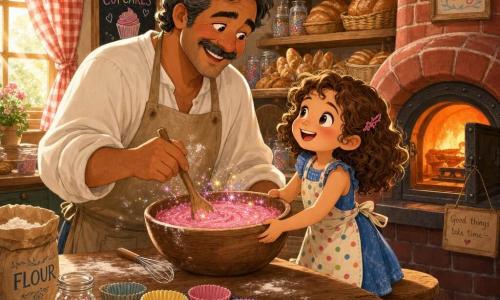 A middle-aged man with a bright smile, rosy cheeks and gray-streaked mustache and hair, wearing a white smock and a flour-stained beige apron, stirs glittering pink batter with a large wooden spoon on a wooden table while a curly brown-haired six-year-old girl in a blue sundress and polka-dot apron stands on a small stool to his right, eyes wide and hands on the bowl, watching excitedly; a red brick oven with its door ajar emits warm orange light, colorful cupcake liners and jars of decorations (edible stars, sprinkles) sit on the table, and the cozy sunlit bakery—exposed beams, shelves of golden bread and glass jars, a checked curtain letting in sun and a tiled checkered floor—focuses on making rainbow cupcakes: shimmering batter, hands mixing together, and the glowing oven creating a warm, joyful atmosphere.