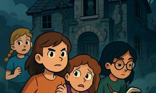 There are four children: Olivia, a 12-year-old girl with brown hair and determined eyes, holding a flashlight and bravely looking towards the house; Jamie, an 11-year-old girl with curly hair and bright eyes, slightly behind, nervously gripping Olivia's sleeve with a worried expression; Zara, a 12-year-old girl with long black hair and glasses, leaning forward, taking notes in her notebook, fascinated by the mysterious surroundings; and Mia, a 10-year-old girl with blonde hair in braids, standing behind Jamie, her face showing fear but curiously looking at the house. The setting is an old abandoned house, Greystone Manor, with gray stone walls, broken windows, and crumbling roofs, overgrown with vines and plants, shrouded in thick fog that creates a dark and mysterious atmosphere. The sky is cloudy, filtering a pale light. The main scene shows the children approaching the front door, their faces illuminated by Olivia's flashlight, with shadows dancing around them and a ghostly figure appearing behind a window, adding a sense of dread to the image.