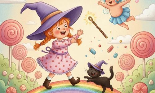 A joyful 3-year-old apprentice witch named Tilly with red pigtails and an oversized purple hat falling over her eyes, polka-dot dress and boots, reaches toward a glowing wooden wand floating above a sparkling rainbow bridge over a syrup stream; a mischievous smiling black kitten called Whiskers wearing a tiny wizard hat jumps beside her near her right leg; a small round fairy named Bubbles with curly blue hair and glittery translucent wings hovers above leaving trails of pink sparkles; the wand glows with a golden halo and playfully bounces, scattering erasers and lollipops; candy trees, marshmallow bushes and candy-floss clouds surround them in soft textures and bright pastels, capturing a warm, enchanted, playful chase as they try to catch the rebellious wand.