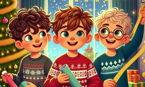 Three boys, about 10 years old, stand in the center of a festive room. Max, with curly brown hair, wears a red sweater with snowflake patterns and smiles enthusiastically. To his right, Leo, with short brown hair and round glasses, holds a colorful roll of paper and looks at his friends with sparkling eyes. On the left, Finn, with smooth blonde hair, wears a blue t-shirt and waves shiny paper stars, ready to hang them. The scene is set in a New Year's decorated living room, with twinkling lights, colorful balloons, and a large illuminated Christmas tree in the corner. Golden confetti floats in the air, adding a touch of magic to the atmosphere. The three friends are preparing for the party, hanging bright decorations, laughing, and sharing ideas to make their celebration unforgettable.