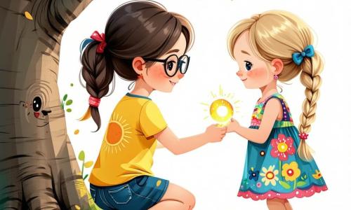 Es gibt drei Hauptfiguren: 

1. **Lena**: ein 10-jähriges Mädchen mit langen braunen Haaren und runden Brillen. Sie trägt ein gelbes T-Shirt mit einer Sonnenmotivation und eine Jeansshorts. Sie hockt neben einem Baum und untersucht neugierig einen glänzenden Gegenstand. 

2. **Mia**: ein 10-jähriges Mädchen mit geflochtenen blonden Haaren und funkelnden Augen. Sie trägt ein buntes Blumenkleid und Sandalen. Sie steht neben Lena und zeigt mit einem großen Lächeln auf den geheimnisvollen Gegenstand. 

3. **Zog**: ein kleiner grüner Außerirdischer mit großen runden Augen und Antennen auf dem Kopf. Er hat eine glatte, glänzende Haut und trägt einen silbernen Anzug. Er sitzt auf einer Baumwurzel, lächelt und schaut die Mädchen mit Staunen an. 

Die Szene spielt auf einer sonnigen Lichtung, umgeben von großen Bäumen mit dicken Stämmen und leuchtend grünen Blättern. Der Boden ist mit bunten Blumen und weichem Gras bedeckt, und ein sanfter Sonnenstrahl filtert durch die Äste und erleuchtet die Szene mit goldenem Licht. 

Die Hauptsituation zeigt die drei Freunde, die einen geheimnisvollen, funkelnden Gegenstand zwischen den Wurzeln eines majestätischen Baumes entdecken, während Zog erklärt, dass er von einem anderen Planeten kommt und Hilfe braucht, um sein Raumschiff zu reparieren.