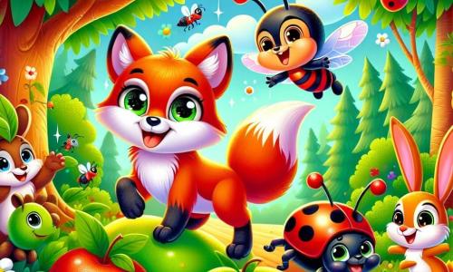 Un mic vulpix cu blană roșie strălucitoare și ochi plini de curiozitate, Felix, stă în centrul imaginii, zâmbind cu entuziasm, sărind de bucurie printre fructe colorate. În dreapta sa, o drăguță buburuză cu aripi roșii și puncte negre, Bibi, zboară veselă, afișând un zâmbet larg, pregătită să ajute. În stânga, un iepuraș cu urechi mari și albe, Ivi, sare cu entuziasm, ochii săi strălucind de excitație, în timp ce un arici cu țepi moi, Aurel, stă lângă un copac, având un aer hotărât, pregătit să scuture crengile. Scena se desfășoară într-o pădure verde, cu copaci majestuoși cu frunze strălucitoare, flori colorate împrăștiate pe sol și un pârâu strălucitor în fundal. Situația principală arată prietenii în plină acțiune, adunând fructe suculente atârnate de crengi, creând o atmosferă de bucurie și prietenie, plină de râsete și culori vii.