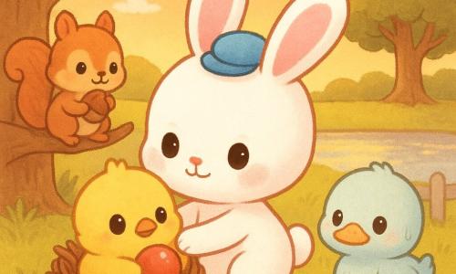 Chibi white bunny with a gentle determined expression, large pink ears and a small blue hat, kneeling and reaching a paw toward a shiny red ball; fluffy yellow chibi chick with round curious eyes nestled in a twig nest holding the red ball between its wings, looking at the bunny confidently; reddish-brown chibi squirrel with sparkling eyes perched on a low left branch holding a hazelnut and smiling; pastel-feathered chibi duck, slightly wet, standing near a small puddle on the right as witness; setting: soft grassy hill with short green grass, a weathered wooden fence, a rough-trunk tree and a glimmering pond in the background under a warm orange sunset; main moment: tender scene where the bunny retrieves its ball from the nest and gives a friendly hug to the chick, calm mood, warm colors, rounded shapes and soft textures, centered readable composition for toddlers.