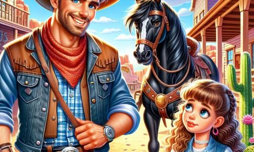 Cowboy Sam, een man met een warme glimlach en sprankelende ogen, draagt een versleten cowboyhoed, een rood geruit shirt en leren jeans. Hij staat naast zijn paard Bliksem, een prachtig zwart paard met glanzende manen, en lijkt vastberaden en nieuwsgierig. Naast hem staat een 8-jarig meisje met krullend haar en een spijkerjurk, die met bewondering kijkt en een klein notitieboekje in haar handen houdt. Ze heet Lila en is klaar om aantekeningen te maken over het avontuur. De scène speelt zich af in een klein stadje in het Wilde Westen, met houten huizen, een saloon met een rood metalen dak en cactussen die eromheen groeien. De zon schijnt in een heldere blauwe lucht en een lichte bries doet het stof van de grond opwaaien. In deze illustratie zijn Cowboy Sam en Lila in gesprek over aanwijzingen om de waardevolle gouden hoefijzer, die in de stad verloren is gegaan, te vinden. Sam wijst naar de saloon, terwijl Lila aandachtig luistert, met grote ogen vol opwinding voor het komende avontuur.