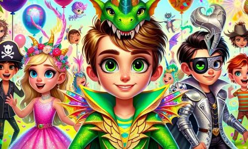 În centrul imaginii, Andrei, un băiat de opt ani cu păr brunet și ochi verzi strălucitori, este îmbrăcat în dragon. Poartă un costum verde strălucitor cu solzi aurii și mari aripi colorate. La dreapta lui, Maria, o fetiță de șapte ani cu păr blond și ochi albaștri, este îmbrăcată într-o rochie roz strălucitoare și cu aripi de zână din hârtie. La stânga, Radu, un băiat de opt ani cu păr negru și ochelari, este îmbrăcat în pirat cu o pălărie cu pene și un fular cu modele de cranii. În cele din urmă, Alex, un băiat de nouă ani cu păr roșcat și pistrui, poartă un costum futurist argintiu cu o vizieră strălucitoare. Decorul este un parc plin de culori, umplut cu baloane plutitoare, ghirlande luminoase și flori strălucitoare. Copiii râd și dansează în jurul lor, în timp ce un mare copac cu frunze verzi strălucitoare se ridică în fundal, decorat cu felinare colorate. Scena principală îi arată pe cei patru prieteni sărbătorind carnavalul, toți zâmbind și dansând împreună, cu confeti zburând în aer, creând o atmosferă veselă și festivă.