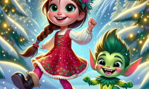 Una niña de 7 años, llamada Sofía, se encuentra en el centro de la escena, con los ojos brillantes de emoción y una gran sonrisa. Tiene el cabello largo y trenzado con cintas de colores, y lleva un vestido rojo con lunares blancos y botas de cuero negro. Sofía está bailando alegremente, rodeada de copos de nieve que caen suavemente. A su lado está Rayo, un pequeño duende luminoso con piel verde brillante y grandes orejas puntiagudas, que parece tener unos 10 años. Lleva un traje colorido hecho de hojas y flores, y levanta los brazos riendo con alegría, pareciendo flotar sobre el suelo. Al fondo, se alza majestuosamente la montaña de Nieve Dulce, cubierta de una espesa capa de nieve brillante, rodeada de árboles nevados y luces de Navidad que crean una atmósfera mágica. Sofía y Rayo celebran la magia de la Navidad, riendo y disfrutando tras descubrir un regalo mágico que traerá alegría al pueblo, bajo un cielo nocturno iluminado por estrellas brillantes.