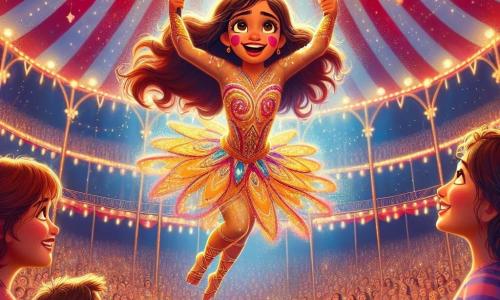 Una ragazza di 12 anni, Sofia, si trova in cima a un trapezio, i lunghi capelli castani che fluttuano nell'aria, il viso illuminato da un grande sorriso di eccitazione e determinazione. Indossa un costume scintillante dai colori vivaci, con stelle dorate che brillano sotto le luci del circo. Vicino a lei, Marco, il suo migliore amico di 11 anni, la incoraggia con uno sguardo ammirato, i capelli castani disordinati e una maglietta a righe colorata. È in piedi sul pavimento, con le braccia alzate in segno di sostegno, circondato da spettatori meravigliati. Il luogo è un grande tendone da circo a strisce rosse e bianche, pieno di luci scintillanti e decorazioni colorate. Gli spettatori di tutte le età sono seduti su panche di legno, con gli occhi fissi sul palco, impazienti di vedere lo spettacolo. La scena principale mostra Sofia, pronta a eseguire un audace salto acrobatico, lanciandosi in aria con grazia, mentre una pioggia di popcorn esce da un secchio che ha lanciato, creando un'atmosfera gioiosa e festosa.