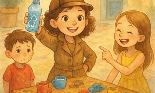 Bambina di 8 anni, capelli castani ricci, con piccolo cappello da detective in feltro, tiene una bottiglia d'acqua blu con adesivo dinosauro e sorride raggiante; Luca, circa 6 anni, capelli castani corti, maglietta rossa macchiata di cereali, sta indietro con aria colpevole e mani dietro la schiena; Sofia, circa 8 anni, capelli lisci e vestito giallo, ride indicando la bottiglia accanto alla detective; il gruppo è attorno a un piccolo tavolo di legno nel cortile con tazze colorate, giocattoli sparsi, foglie e un filo d'erba; sullo sfondo un piccolo patio lastricato, raggi di sole mattutini, porta d'ingresso aperta e una pozza lucida in primo piano come indizio; texture: lavaggio acquerello morbido, contorni sottili e riflessi bianchi sulla bottiglia e gocce d'acqua, tratti di matita per le espressioni; atmosfera gioiosa, curiosa e leggera, colori caldi pastello, composizione centrata sulla bambina con la bottiglia ritrovata.
