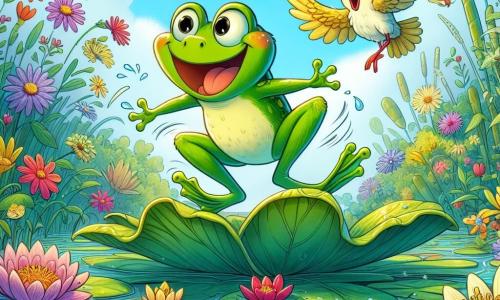 Een kleine groene kikker genaamd Karel, met grote ronde ogen en een blije glimlach, springt enthousiast op een groot loof, omringd door kleurrijke bloemen die om hem heen bloeien. Karel straalt vreugde uit, met zijn achterpoten in de lucht, klaar om op een ander blad te landen. Dichtbij vliegt een vogel genaamd Vera, met gele veren en een felrode snavel, vrolijk boven Karel, met uitgespreide vleugels, enthousiast klappend. De achtergrond is een prachtig moeras, met drijvende waterlelies, groene rietplanten en een blauwe lucht bezaaid met donzige witte wolken. Zonlicht filtert door de bladeren en creëert sprankelende reflecties op het water. De hoofdsituatie toont Karel die springt en kleurrijke bloemen onder zijn poten laat ontluiken, terwijl Vera hem aanmoedigt om een prachtige regen van kleuren en magie in het moeras te creëren.