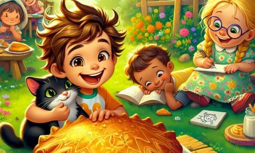 Un niño de cabello castaño desordenado, con una gran sonrisa y ojos brillantes de travesura, está sentado en la hierba verde, sosteniendo un gran trozo de galleta dorada entre sus manos. Lleva una camiseta colorida y pantalones cortos, y su expresión muestra una inmensa alegría, como si hubiera descubierto un tesoro. A su lado, una niña de cabello rubio trenzado, con gafas redondas y una sonrisa radiante, está dibujando con un lápiz en un cuaderno, fascinada por la galleta. Lleva un vestido de flores y parece maravillada por la situación. Un gato negro de ojos verdes, llamado Galletita, está acostado perezosamente sobre las piernas del niño, con los ojos entrecerrados, mostrando una expresión de satisfacción. La escena tiene lugar en el jardín soleado de la cocina de una abuela, rodeado de flores coloridas y árboles verdes, con una mesa de madera donde se pueden ver más pasteles y vasos de leche. El grupo de amigos está reunido alrededor de la galleta dorada, riendo y compartiendo historias divertidas, creando una atmósfera de felicidad y amistad mientras disfrutan de este delicioso momento juntos.