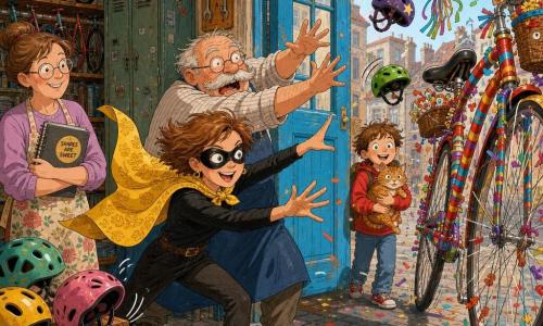 A radiant, slightly embarrassed woman, Marnie Maple, wearing a yellow scarf as a cape and a black glitter mask, short light brown hair and playful wide eyes, runs reaching for a wobbling giant parade bicycle; a chubby smiling nine-year-old boy, Benji, with messy brown hair holds a small ginger cat, Sprout, watching from the bike workshop entrance; an elderly corpulent Mr. Crispin with a neat gray mustache and round glasses frantically tries to grab the bike nearby; librarian Tilly, middle-aged with her hair in a bun, glasses and a floral apron, holds a notebook stickered SHARES ARE SWEET and smiles by a helmet shelf. The warm community bike workshop on a street corner has rows of colorful bikes, dented lockers, tools on the walls, festive posters and a large blue door opening to a cobbled street where the oversized parade bike careens, scattering confetti and visible musical notes as bystanders and objects react playfully.