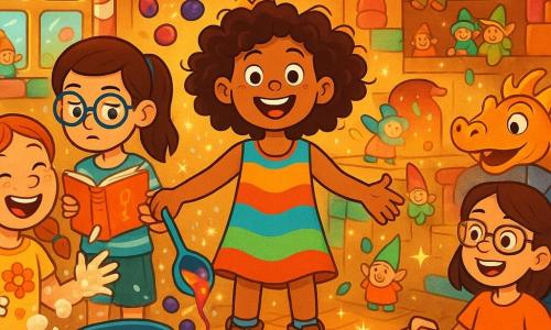 There are 4 children: Bella, a 10-year-old girl with curly, messy hair wearing a colorful dress and hiking shoes, stands in the center with her arms open and a big smile, full of energy. Claire, an 11-year-old girl with round glasses and smooth hair in a ponytail, dressed in a striped t-shirt and shorts, is slightly back, holding a recipe book with a focused look. Rosie, a 10-year-old girl with red braided hair wearing a floral t-shirt and jeans, is on the left, laughing with her hands full of flour, surrounded by floating clouds of flour. Chloe, a 12-year-old girl in a sparkling wheelchair with brown hair and glasses, is on the right, holding a cutting board with colorful fruits, a big smile on her face and stars in her eyes. 

The scene takes place in an enchanted kitchen filled with bright colors and magical details. The walls are made of candy and cakes, with windows of candy canes. Fantastic creatures like fairies and gnomes bustle around, adding a touch of magic to the joyful atmosphere. Golden, fluffy muffins emerge from a dragon-shaped oven, while sparkles of light shimmer in the air.

The main situation shows the children preparing magical muffins, with ingredients dancing and coming to life around them. Bella is pouring colorful batter into molds, while Rosie laughs trying to juggle bouncing berries. Claire seriously reads the recipe, and Chloe, with a radiant smile, encourages her friends to have fun.
