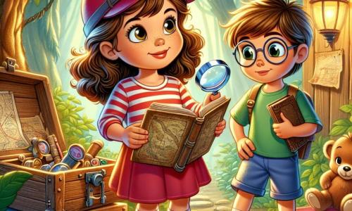 Uma menina de 10 anos, Clara, com cabelos castanhos e cacheados, usa um boné vermelho e uma camiseta listrada. Ela tem olhos brilhantes de curiosidade e um grande sorriso no rosto, segurando uma lupa na mão direita, pronta para explorar. Ao seu lado, Lucas, um menino de 9 anos com um short azul e uma camiseta verde, observa maravilhado um mapa antigo, enquanto Sofia, uma menina de 10 anos com óculos redondos e um vestido florido, examina um velho livro com uma expressão concentrada. Eles estão em uma clareira secreta, cercada por árvores frondosas, com uma cabana de madeira rústica ao fundo, cheia de mistérios. A cena mostra Clara, Lucas e Sofia descobrindo um velho baú de madeira, cheio de brinquedos antigos e livros, iluminado pelos raios de sol que filtram através das folhas.