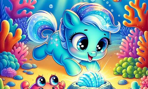 A small blue seapony named Luna, with a sparkling tail and curious, twinkling eyes, is joyfully swimming near a vibrant coral reef. She smiles in wonder as she discovers a shiny magical shell under a rock. Next to her, a pink starfish named Coral, with wavy arms and a smiling face, is determinedly pushing the rock, her eyes shining with excitement. A small green crab named Crab, with nimble claws and a focused expression, is just below, ready to help by pinching the rock. The seabed is filled with colorful corals, dancing fish with shimmering scales, and rays of light filtering through the clear water, creating a magical ambiance. The main scene shows Luna, Coral, and Crab united in a joyful effort to free the shell, surrounded by the ocean's dazzling beauty.
