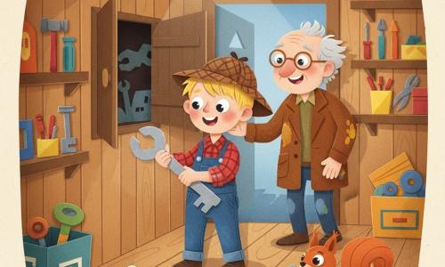 A 6-year-old boy watches in wonder, joyful and focused, wearing an oversized brown detective hat, a red-and-blue plaid shirt, denim overalls, and holding a shiny large wrench; Mr. Thompson, about 65, with round glasses, tousled light gray hair and a paint-stained brown jacket, smiles gratefully from the workshop doorway slightly behind the boy; a small red squirrel with bright eyes sits on a wooden board near a pile of sawdust, mischievously holding a nail; the warm, well-lit workshop has light wooden walls, shelves of colorful tools and labeled boxes, a hanging yellow lamp and a small storage cubby with a revealed secret compartment and a light powder trail leading to it; the boy has just opened the secret compartment and shows the shiny key in a centered, brightly colored, simple-cut-paper style composition with soft shadows and a tender, playful atmosphere.