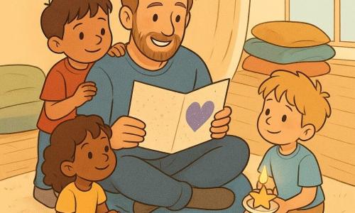 There are five characters: a father in his fifties with tousled light-brown hair and light beard, sitting on a large blue cushion wearing a tilted paper crown, smiling as he holds a sparkly card with a purple jelly heart stain on his lap; three five-year-old children around him—Milo (short brown hair) standing left with his hand on his father's shoulder and a purple jelly stain on his palm; Zara (curly brown hair, glitter shoes) seated on the rug right of the father holding a small basket of books; Ben (blond hair) kneeling right holding a starry yellow candle on a saucer near a plate of toast; and Pepper, a small gray tabby cat purring on an adjacent cushion; sunny living room with light wood floor, large windows casting warm light squares, stacked cushions forming a cozy nest, a small wooden coffee table with toast, a cup with a straw, and a lit candle ready to be blown—tender, joyful Father's Day scene.