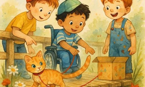 Three children around a small old wooden footbridge over a sparkling stream: Tom, 5, short light-brown hair, red cap, yellow T-shirt, standing left, leaning toward the kitten and pointing at a red string; Sam, 5, curly black hair, small blue wheelchair, green cap, blue-and-white striped T-shirt, seated center, reaching to pet the kitten while holding the other end of the red string; Andy, 6, tousled red hair, paint-stained overalls, standing right by a painted cardboard box with cookie crumbs on his cheek, looking surprised and happy. At the bridge's center sits an orange tabby kitten with mismatched eyes (one blue, one green) and a small red ribbon on its collar; the red string runs from a park bench to Andy's painted box. Tall grasses and wildflowers (daisies, poppies) frame the textured planks and low railing; pale blue sky with a few fluffy clouds and warm golden late-afternoon light; warm contrasting watercolor palette with visible textures and subtle controlled splashes to suggest movement.