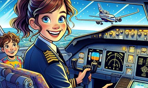 Una giovane pilota, Sofia, è nel cockpit di un aereo, sorridente e con gli occhi brillanti di eccitazione. Indossa una divisa blu scuro con spalline dorate e ha i capelli castani raccolti in una coda di cavallo. È concentrata sui comandi, pronta a decollare per una nuova avventura. Accanto a lei, un ragazzo di circa 10 anni, Marco, guarda con ammirazione attraverso il finestrino. Ha i capelli castani disordinati e indossa una maglietta colorata con un motivo di aereo. I suoi occhi brillano di curiosità mentre scopre il mondo aereo. Il cockpit è pieno di luci lampeggianti e strumenti di pilotaggio, con finestre che offrono una vista spettacolare su un cielo blu punteggiato di nuvole bianche, dando una sensazione di libertà infinita. La scena principale mostra Sofia pronta a decollare, con Marco al suo fianco, entrambi impazienti di vivere un'avventura nei cieli, simboleggiando il sogno di volare e scoprire il mondo.