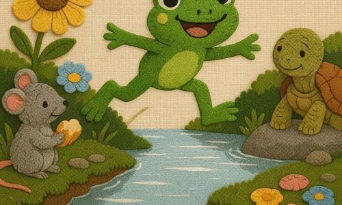 Een gelukkige groene kikker genaamd Zilverpoot springt met glinsterende ogen en gele wangvlekjes naar de overkant, een grijze pluizige muis op de linkeroever houdt een stukje brood en klapt bij een grote gele bloem, een oude schildpad met aardkleurige bolle schild kijkt vriendelijk vanaf een steen op de rechteroever; de rivier is spiegelend, oevers met donkergroene mos en gelaagde stoffen bloemen (geel, roze, blauw), ingenaaide steentjes en lintgras; het tafereel vangt het bevroren ogenblik van de sprong, vrolijke spanning, aanmoedigende vrienden en zachte namiddaglicht met contrasterende appliquétexturen.