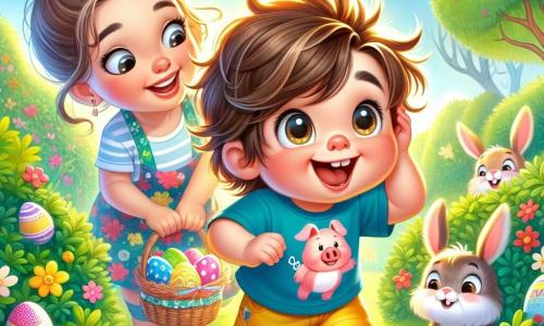 Um menino de 2 anos, Léo, com cabelo castanho bagunçado e olhos brilhantes de alegria, está procurando ovos de Páscoa em um jardim ensolarado. Ele usa uma camiseta azul com um porquinho engraçado e um short amarelo, sorrindo amplamente, com as bochechas rosadas de excitação. Ao lado dele, sua mãe, uma mulher de cerca de 30 anos com longos cabelos castanhos presos em um coque, usa um avental colorido e segura uma cesta cheia de ovos decorados. Ela olha para Léo com ternura, incentivando-o a continuar sua busca. O jardim está repleto de flores vibrantes, arbustos verdes e árvores majestosas, criando uma atmosfera alegre e mágica. Coelhinhos de orelhas grandes, pelagens suaves e olhos travessos pulam ao redor, acrescentando um toque de fantasia à cena. Léo, todo empolgado, encontra um ovo escondido atrás de uma flor colorida, enquanto os coelhinhos o observam com um ar divertido, prontos para ajudá-lo em sua busca.