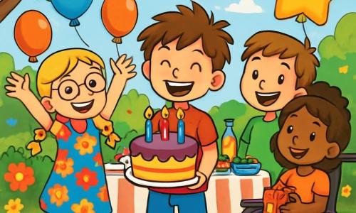 Es gibt 4 Kinder: Max, ein 10-jähriger Junge mit zerzausten braunen Haaren und funkelnden Augen, trägt ein rotes T-Shirt und eine blaue Shorts und lächelt fröhlich in der Mitte des Bildes, während er eine mit Kerzen dekorierte Geburtstagstorte hält. Emma, ein 9-jähriges Mädchen mit geflochtenen blonden Haaren und runden Brillen, trägt ein buntes Blumenkleid und steht links von Max, die Arme in Freude erhoben. Finn, ein 10-jähriger Junge mit braunen Haaren und einem breiten Lächeln, trägt ein grünes T-Shirt und kurze Hosen und steht rechts von Max, während er einen sternförmigen Ballon hält. Mia, ein 9-jähriges Mädchen mit lockigen braunen Haaren und einem warmen Lächeln, sitzt in einem mit bunten Aufklebern dekorierten Rollstuhl neben Max und hält ein kleines Geschenk in den Händen. Die Szene spielt in einem sonnigen Garten voller bunter Blumen und schwebender Ballons, mit einem großen Tisch, der mit einer gestreiften Tischdecke, Kuchen, Süßigkeiten und Limonade gedeckt ist. Im Hintergrund spendet ein großer Baum Schatten, und bunte Papiergirlanden hängen von den Ästen. Die Hauptsituation zeigt die Kinder, die Max' Geburtstag feiern, umgeben von Lachen und Freude. Max bläst die Kerzen seiner Torte aus, während seine Freunde ihn enthusiastisch anfeuern, was eine festliche und warme Atmosphäre schafft.