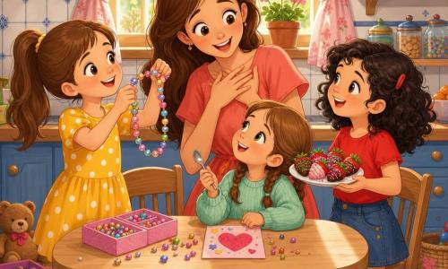 Hay 4 personajes: Ana (niña ~8 años) cabello castaño liso en coleta, vestido amarillo con lunares blancos, sostiene un collar de cuentas; Luna (niña ~7 años) cabello negro rizado, camiseta roja y falda vaquera, sonríe sosteniendo un platito de fresas decoradas; Sofía (niña ~6 años) cabello castaño claro en dos trenzas, suéter verde menta, sentada en un taburete con una cuchara mirando a la mamá con orgullo; Mamá (mujer ~35 años) cabello largo castaño, vestido salmón, en el centro tras la mesa con las manos en el pecho, sorprendida y emocionada inclinándose hacia las niñas para besarlas. Lugar: cocina cálida y colorida con mesa de madera clara, azulejos blancos y azules, cortinas floreadas rosas, luz solar suave, planta en el alféizar y estantes con tazas; algunos juguetes y cuentas en el suelo. Situación: las tres niñas le regalan a su madre un collar de cuentas y un postre de fresas hecho con amor, escena íntima y luminosa de Día de la Madre, colores vivos y rasgos suaves.
