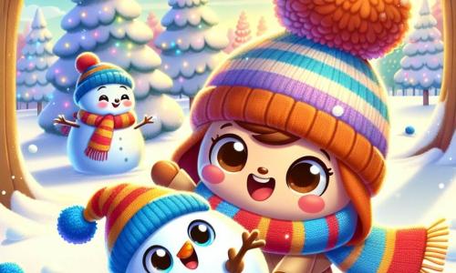 Un pequeño gorro de lana llamado Gori, con una sonrisa cálida y ojos brillantes, rueda alegremente en la nieve, mientras sus pompones giran a su alrededor. A su lado, una bufanda colorida llamada Rayo, con rayas brillantes de azul, rojo y amarillo, baila al viento, mostrando una expresión entusiasta mientras ayuda a Gori a formar un gran muñeco de nieve. El escenario es un parque mágico, donde árboles majestuosos están cubiertos de nieve brillante, y el suelo está tapizado con un espeso manto blanco, bajo un cielo azul claro salpicado de nubes esponjosas. En esta escena, Gori y Rayo se divierten construyendo un muñeco de nieve, riendo y compartiendo historias, mientras copos de nieve caen suavemente a su alrededor, creando una atmósfera mágica y alegre.